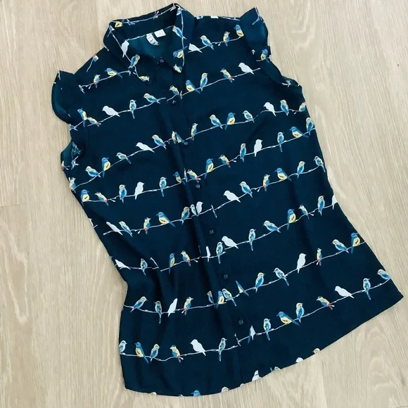 Elle Dark Blue Shirt with Colorful Bird Design - Picture 1 of 6